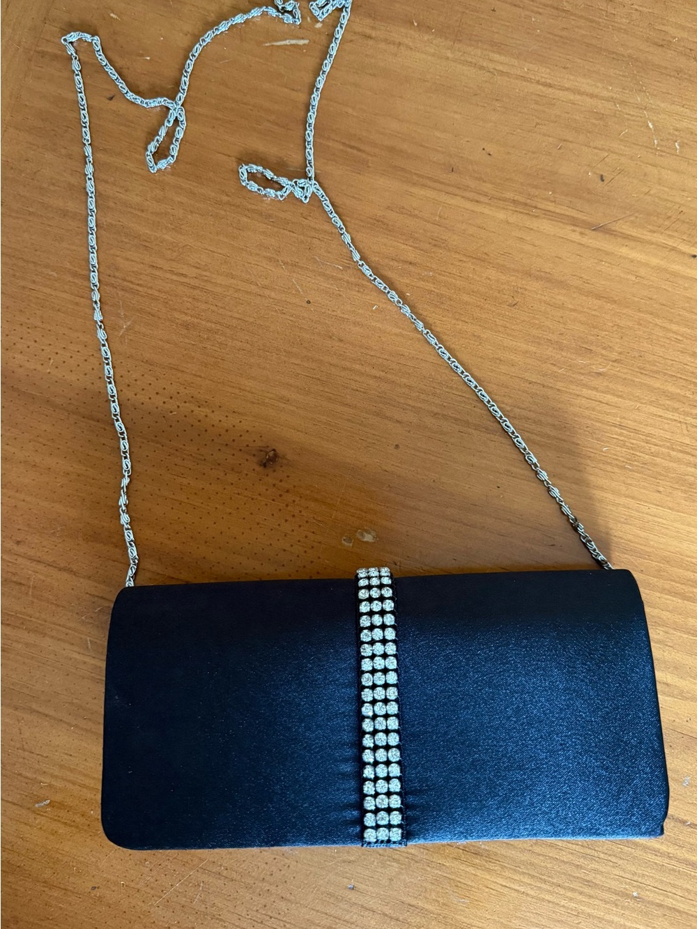Lulu Townsend Black Satin Crossbody Clutch with Rhinestone Centerband